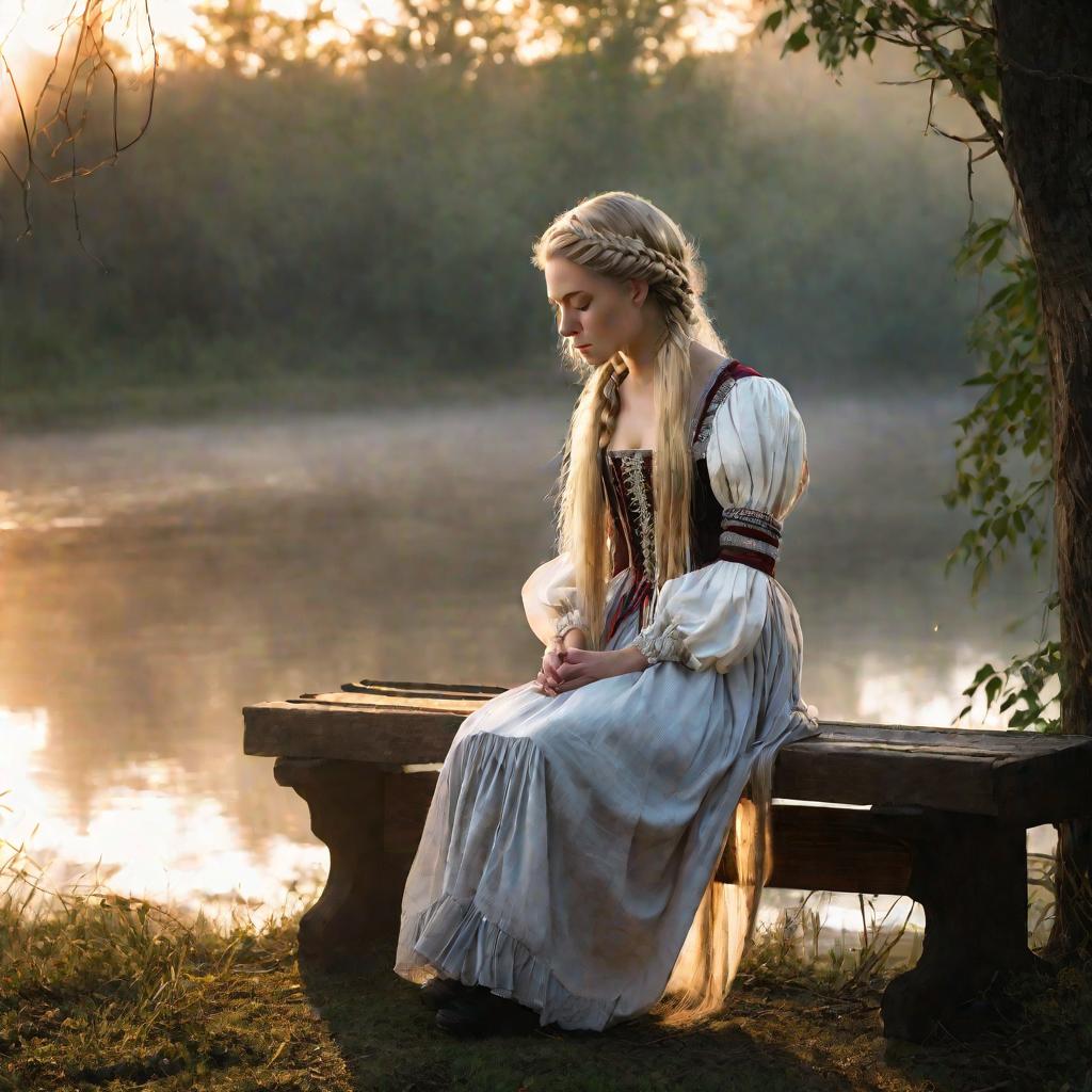 Молодая женщина с длинными блондинистыми косами в ветхом русском платье 19 века сидит на скамейке у реки на рассвете, плачет, опустив голову на руки в отчаянии и одиночестве