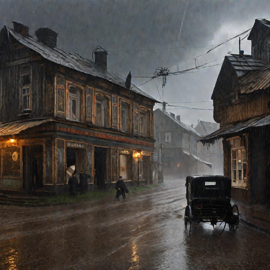 Улица русской деревни 19 века во время летней грозы с сильным дождем и порывами ветра