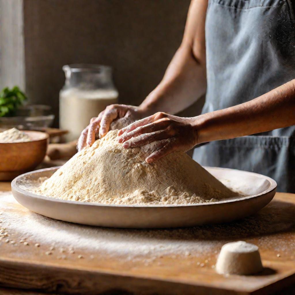 Руки замешивают тесто для блинов на столе, мука, миски