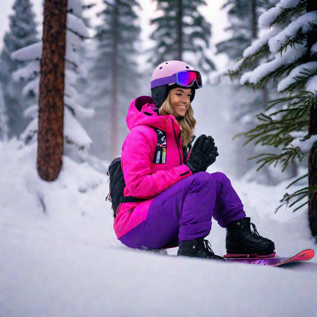 Женщина-сноубордист в розово-фиолетовой куртке сидит в снегу в сосновом лесу