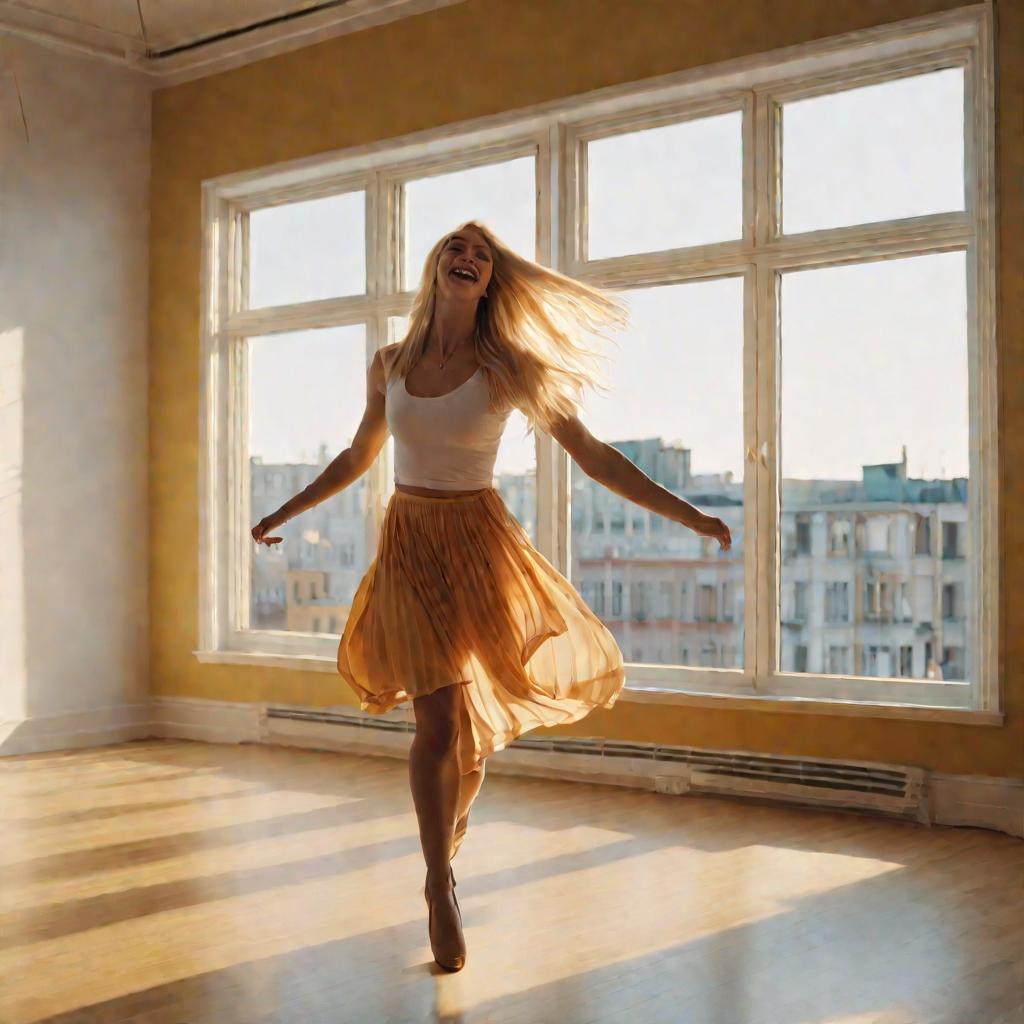 Женщина танцует в новой квартире
