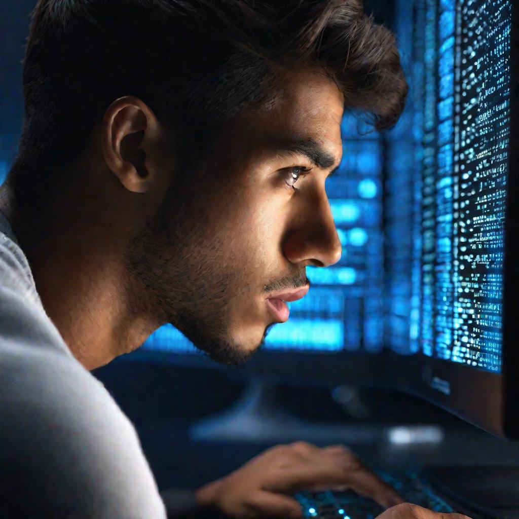 Молодой человек смотрит на экран с бинарным кодом
