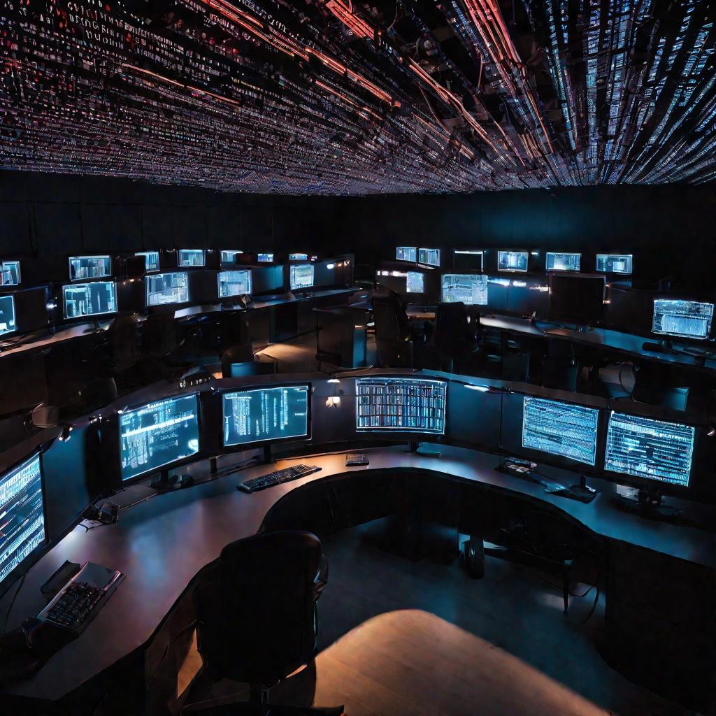 Темная комната освещена мониторами компьютеров