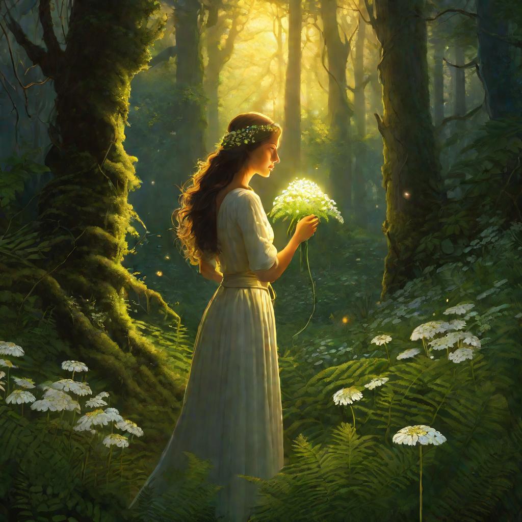 Женщина с цветком в руке на фоне леса