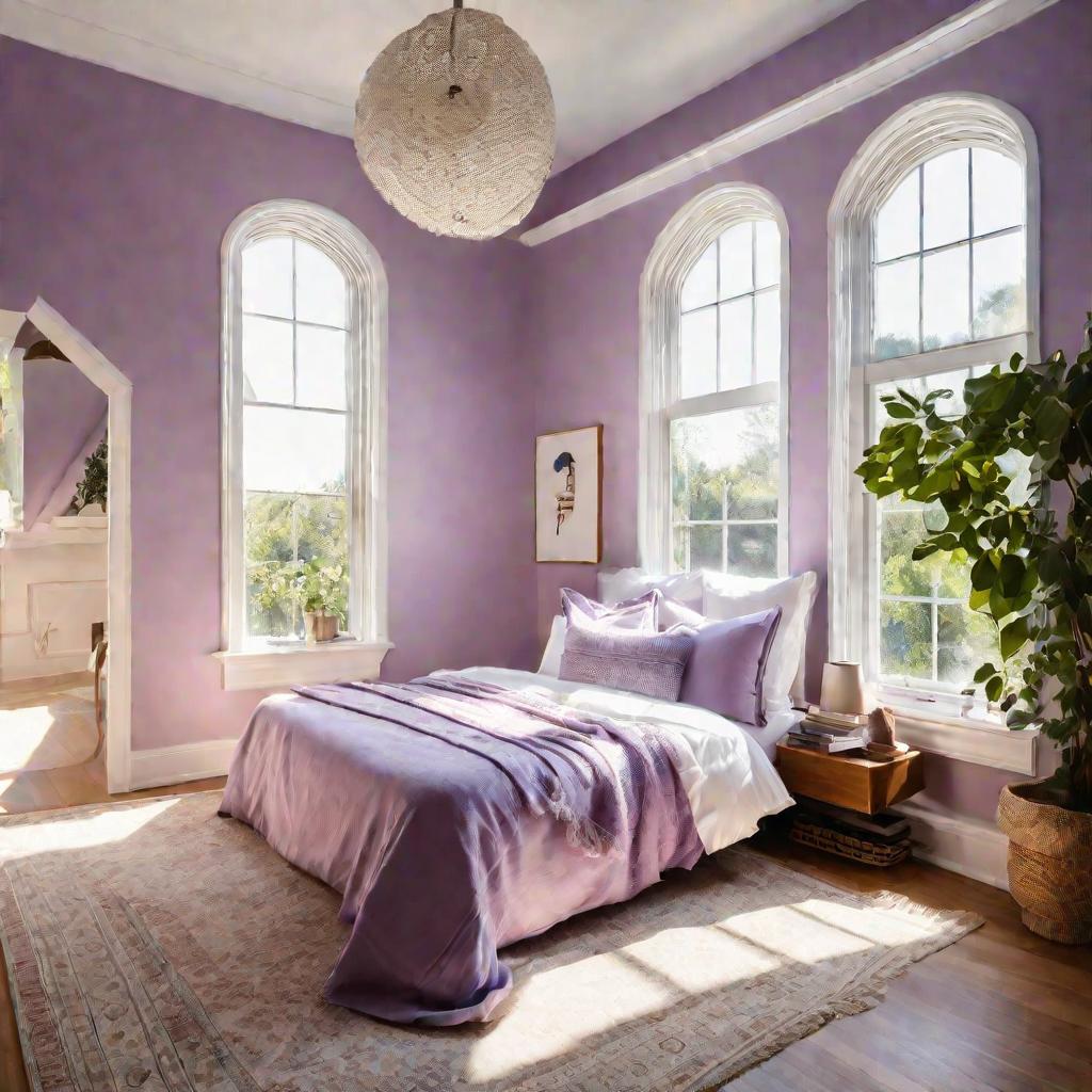 Светлая спальня с лиловыми стенами
