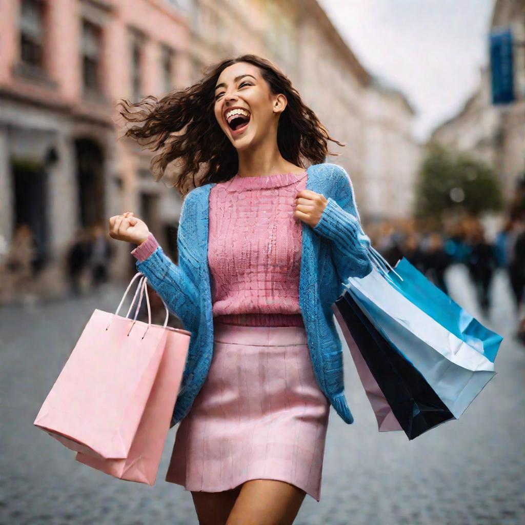 Девушка в модной одежде идет по улице с покупками