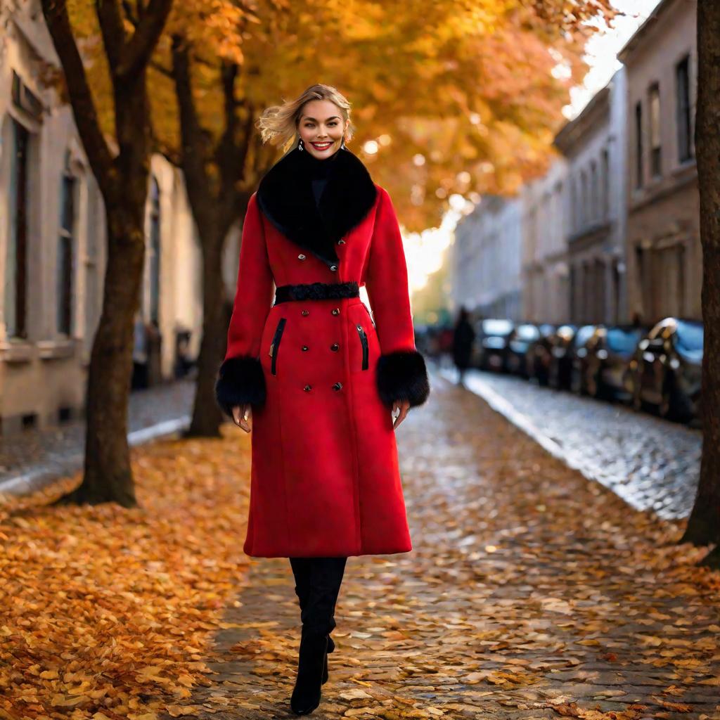 Женщина в красной меховой куртке с черной отделкой