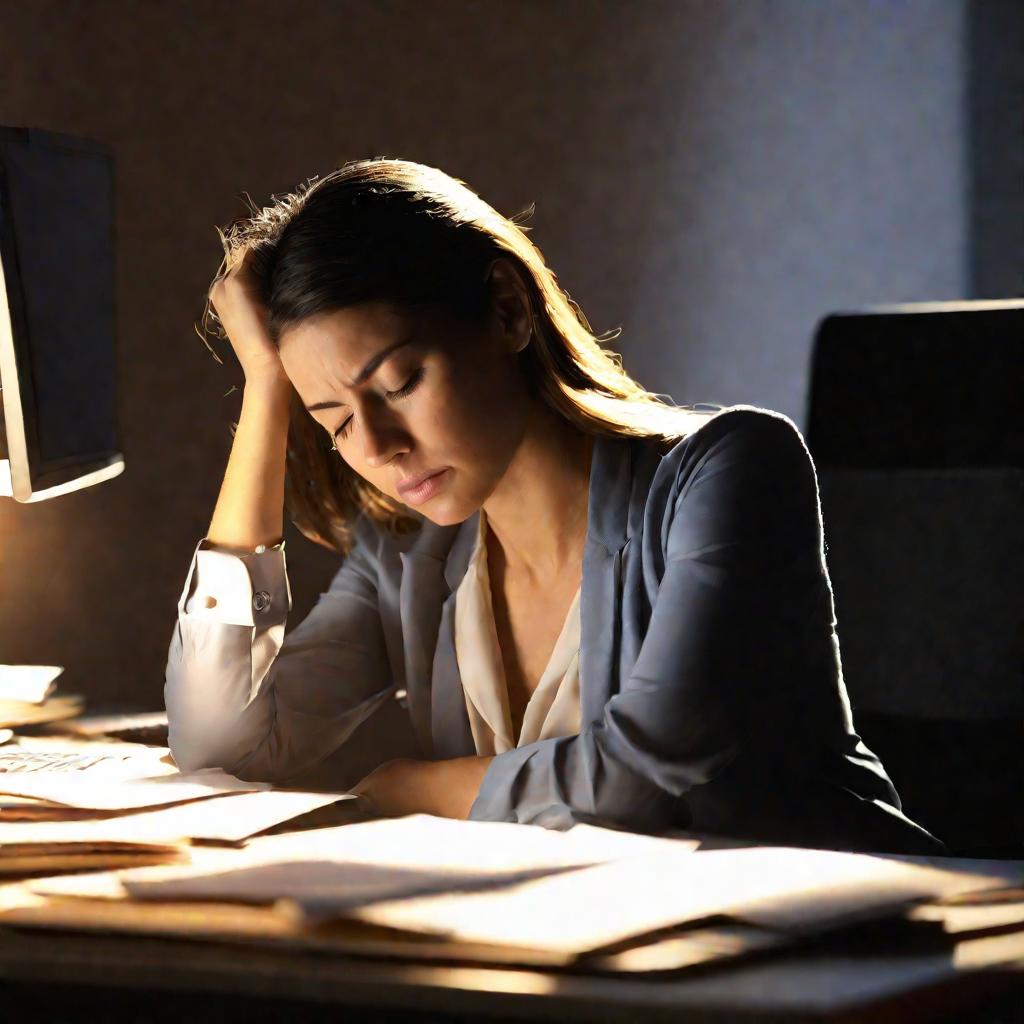 женщина борется со сном за работой