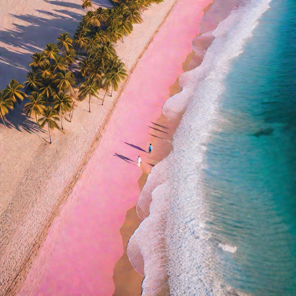 Пара идет по пляжу на закате, нежно держась за руки. Розово-оранжевое небо, блестящая вода, пальмы - романтическая картина.