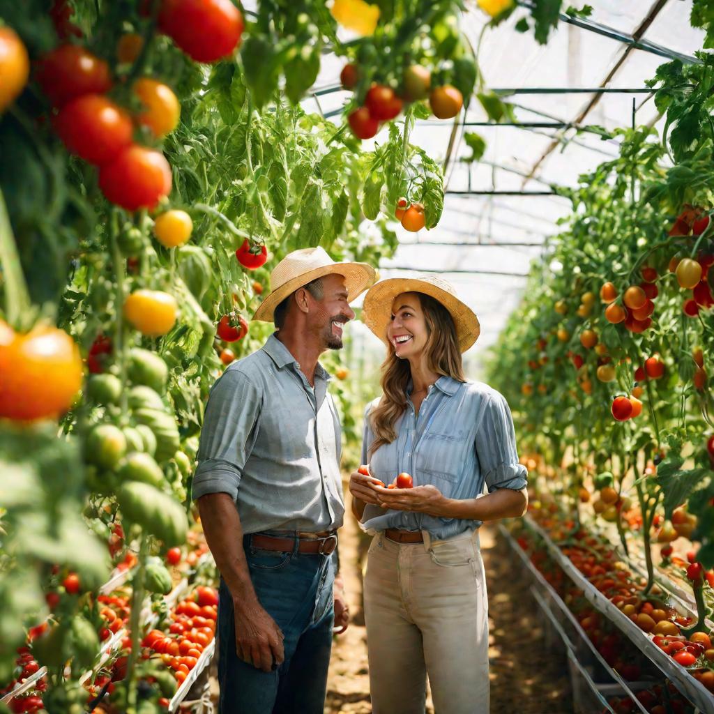 Фермеры осматривают теплицы с помидорами