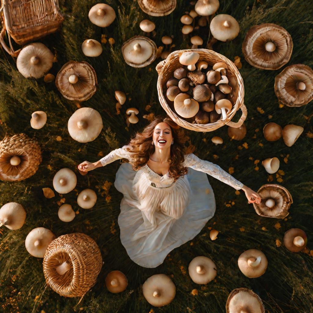 Женщина танцует на поляне среди белых грибов осенью