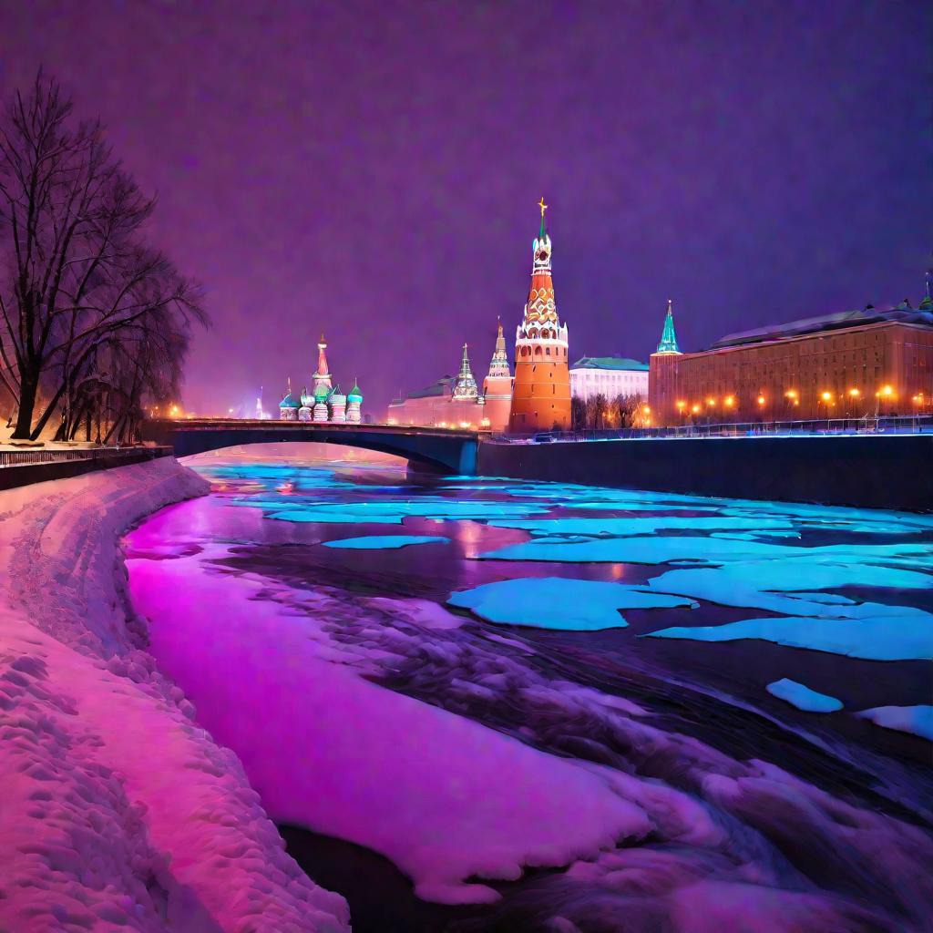 Светящаяся ночная Москва-река крупным планом