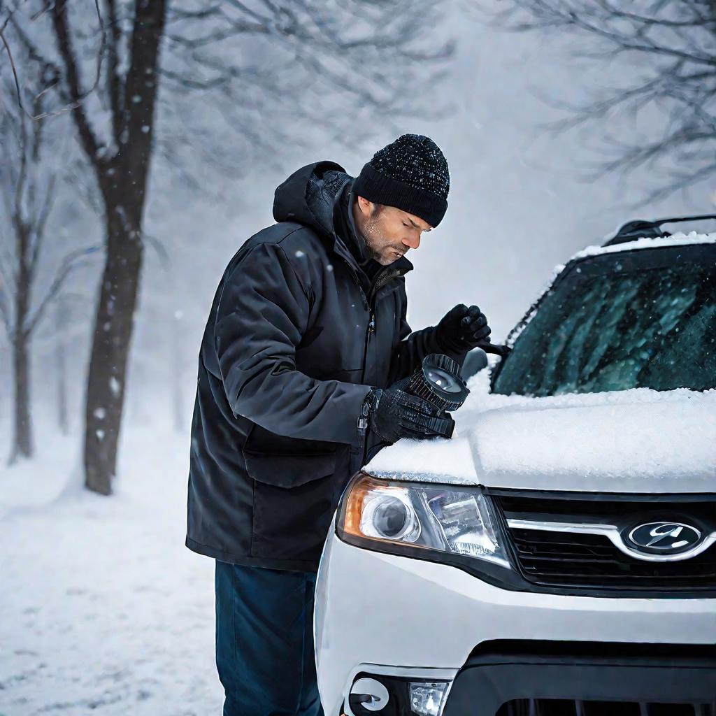 Мужчина осматривает авто под снегом.