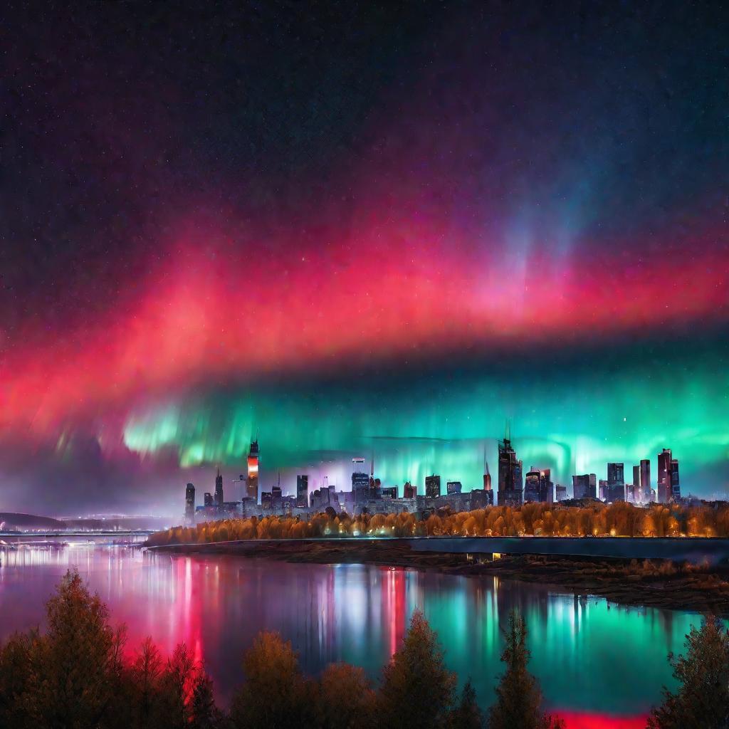 Северное сияние над городом в тумане