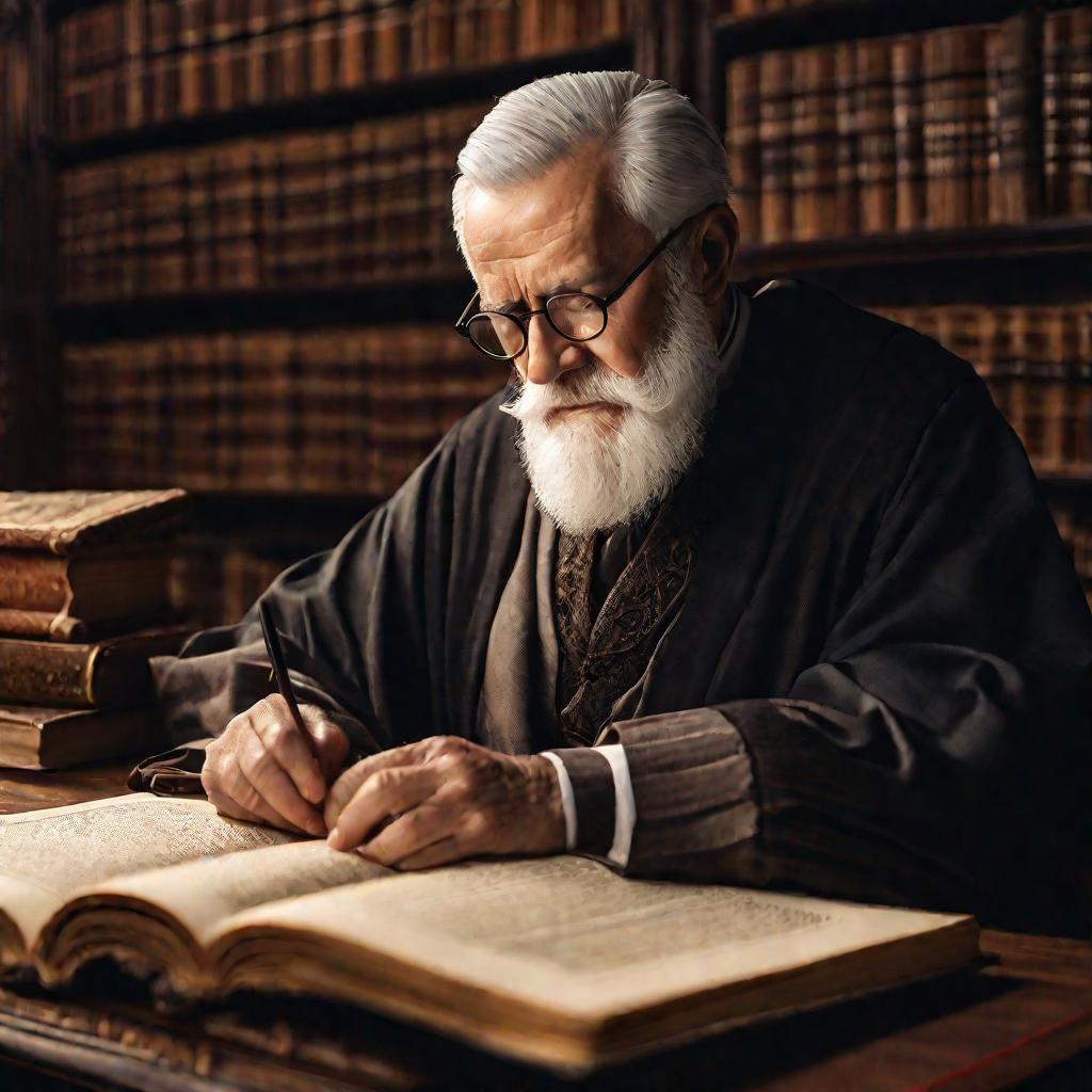 Портрет профессора в библиотеке университета изучает старинную кириллическую рукопись