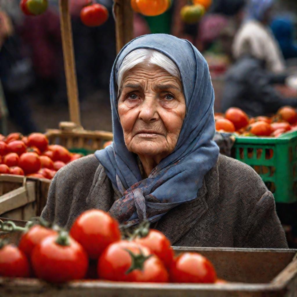 Портрет продавщицы за прилавком весит помидоры