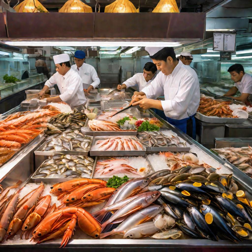 Отдел морепродуктов с продавцами и покупателями