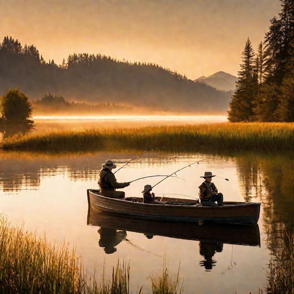 Отец и сын рыбачат вместе в лодке на озере