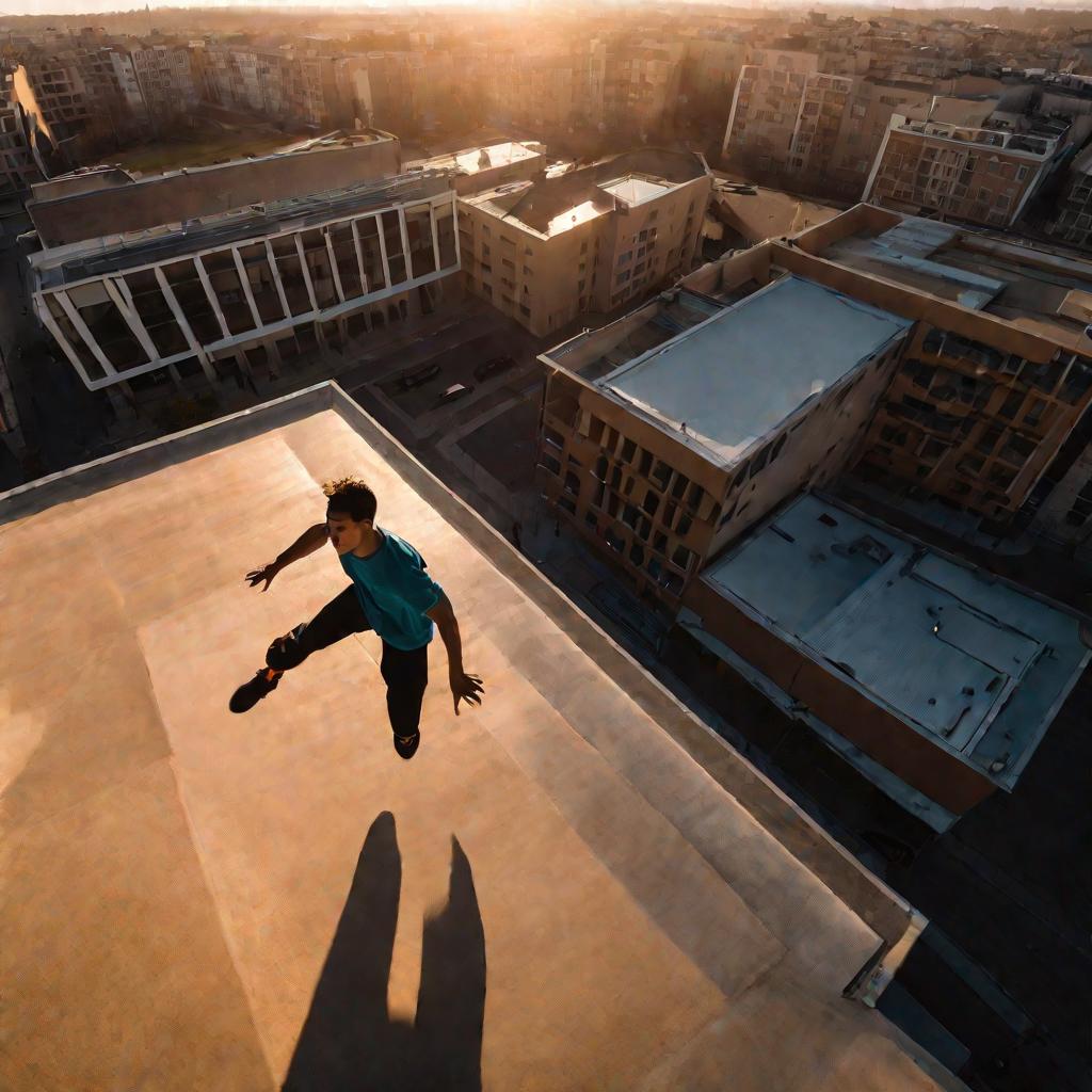 Спортсмен-экстремал прыгает в городе на закате