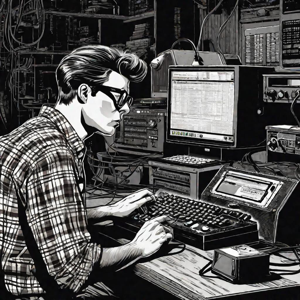 Программист пишет код на терминале в подвале