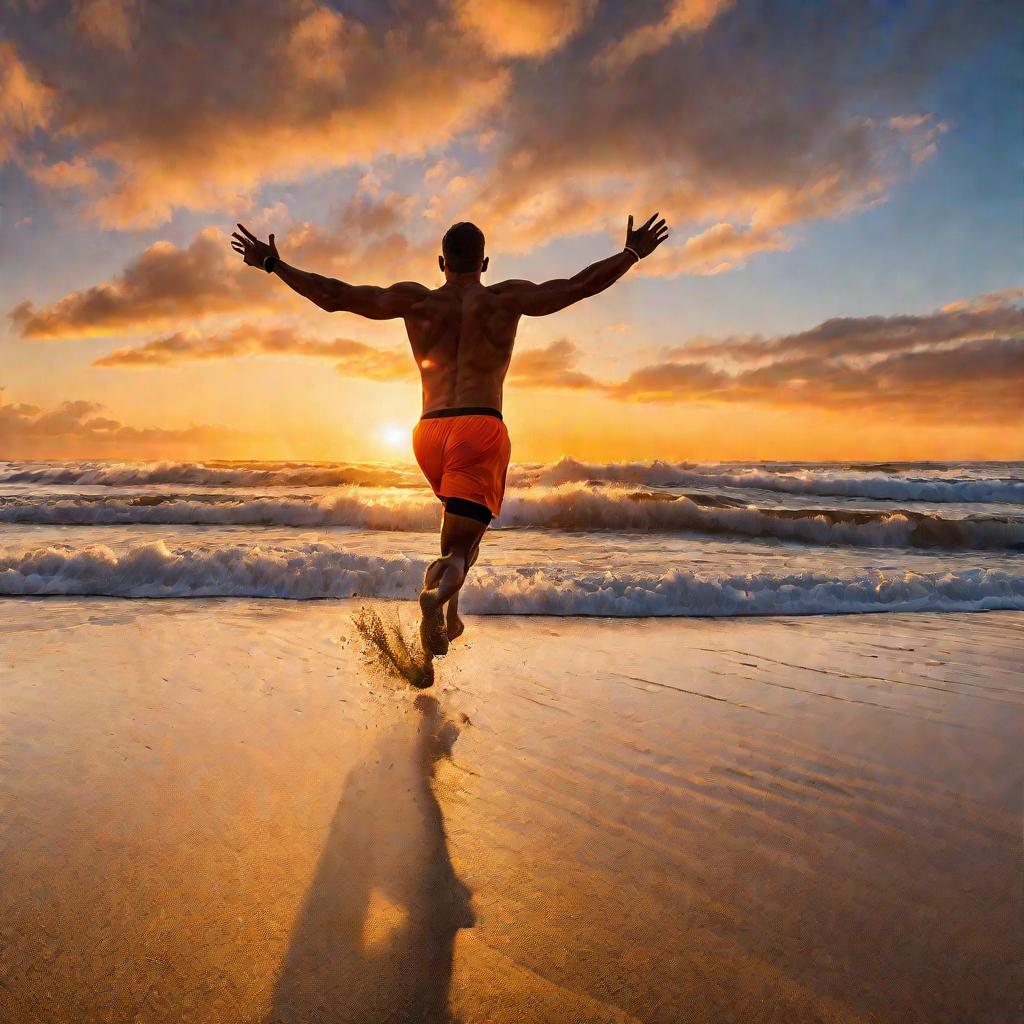 Мужчина празднует достижение цели пробежать 10 км по пляжу