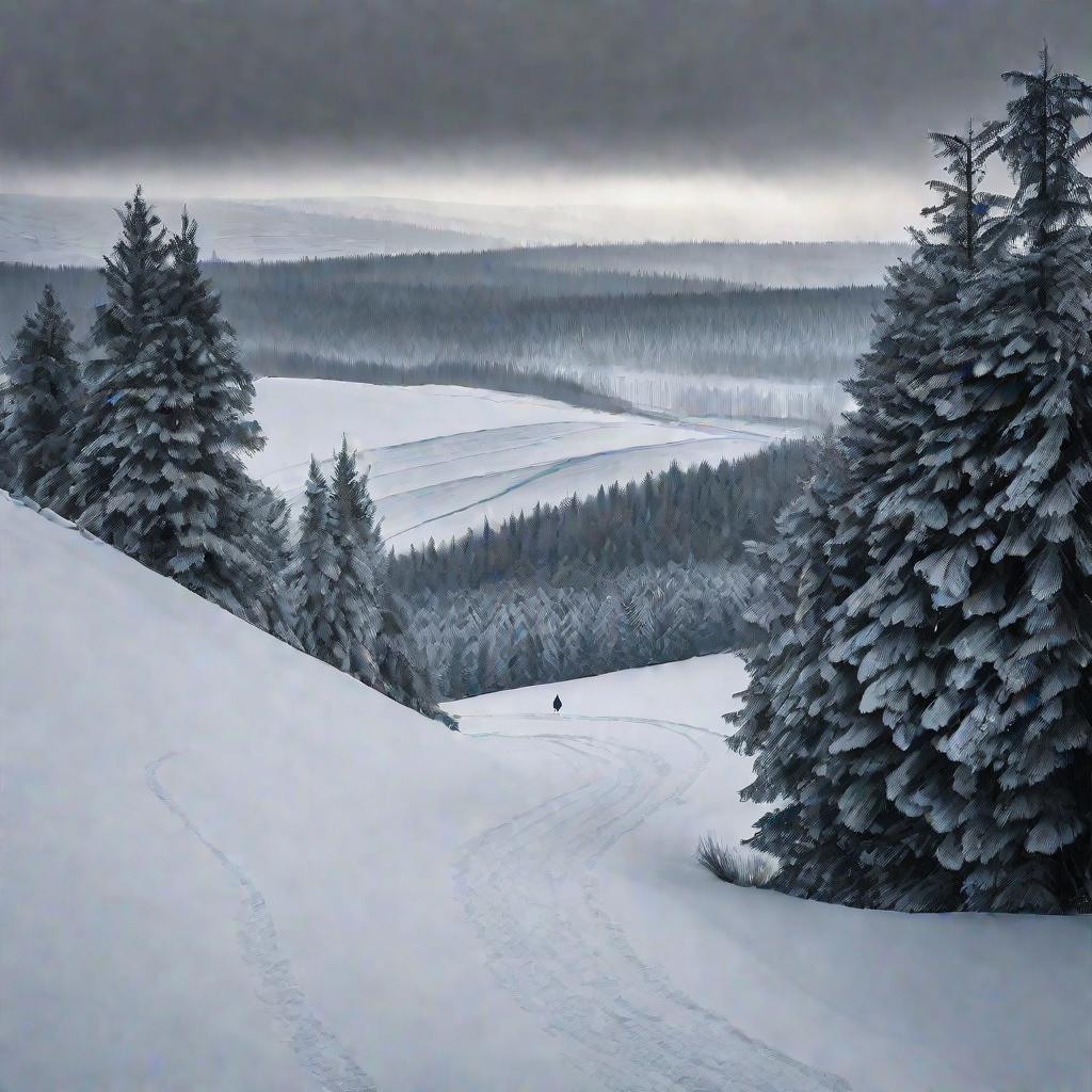 Заснеженный зимний пейзаж России с одинокой фигурой на дорожке