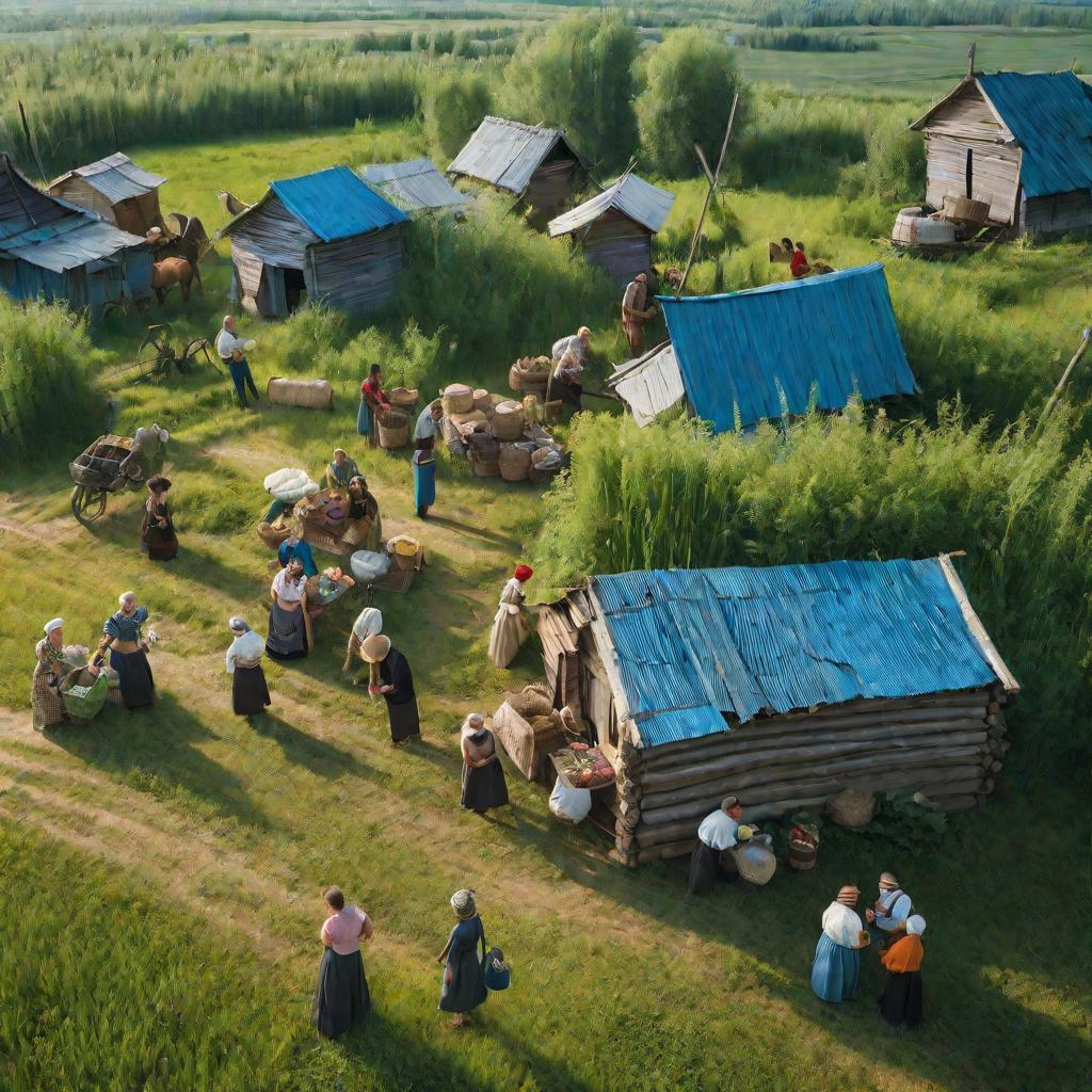 Люди меняются предметами в деревне