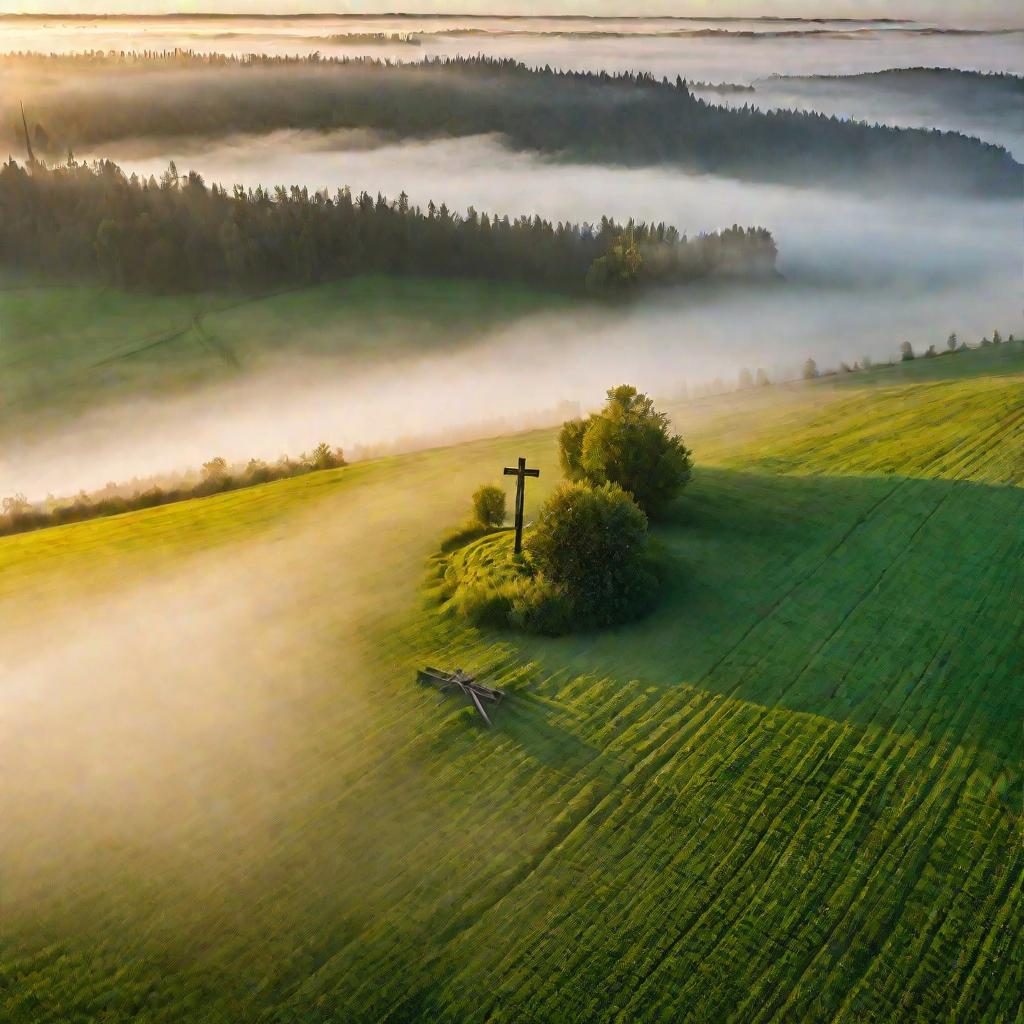 Крест в тумане на лугу