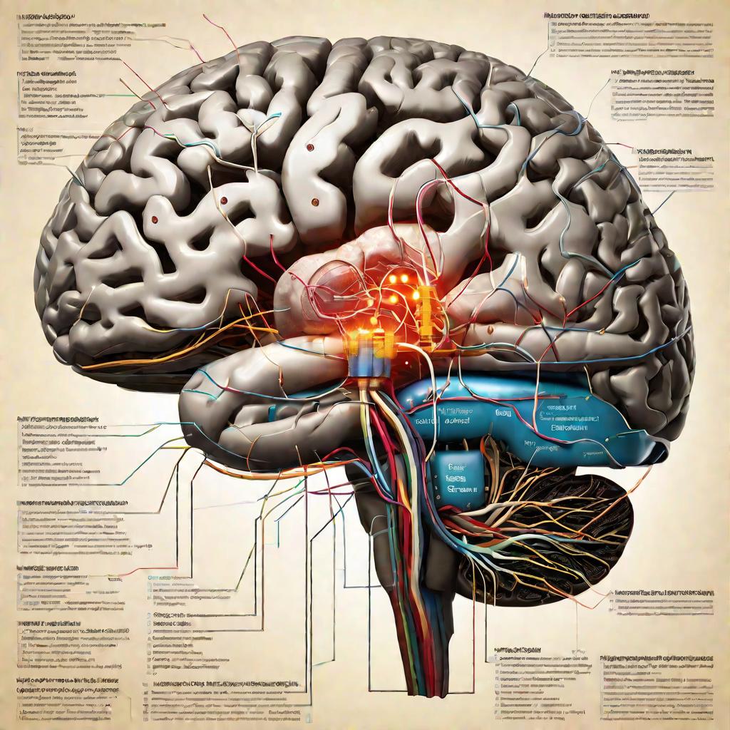 Детализированное изображение мозга человека с подсвеченными связями и вписанными синонимами фразы «в связи».