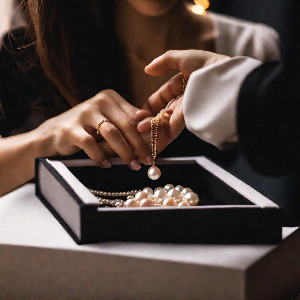 Женщина кладет в коробку жемчужное ожерелье