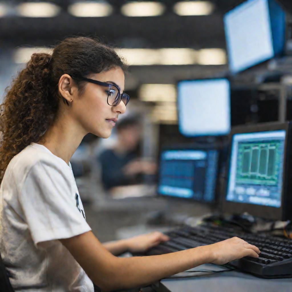 Средний план девушки-студентки в компьютерном классе, пишущей программный код на ноутбуке. Она сосредоточена, слегка наклонилась вперед, руки зависли над клавиатурой. В аудитории мягкое освещение, свет монитора синеватым отблеском ложится на ее лицо.