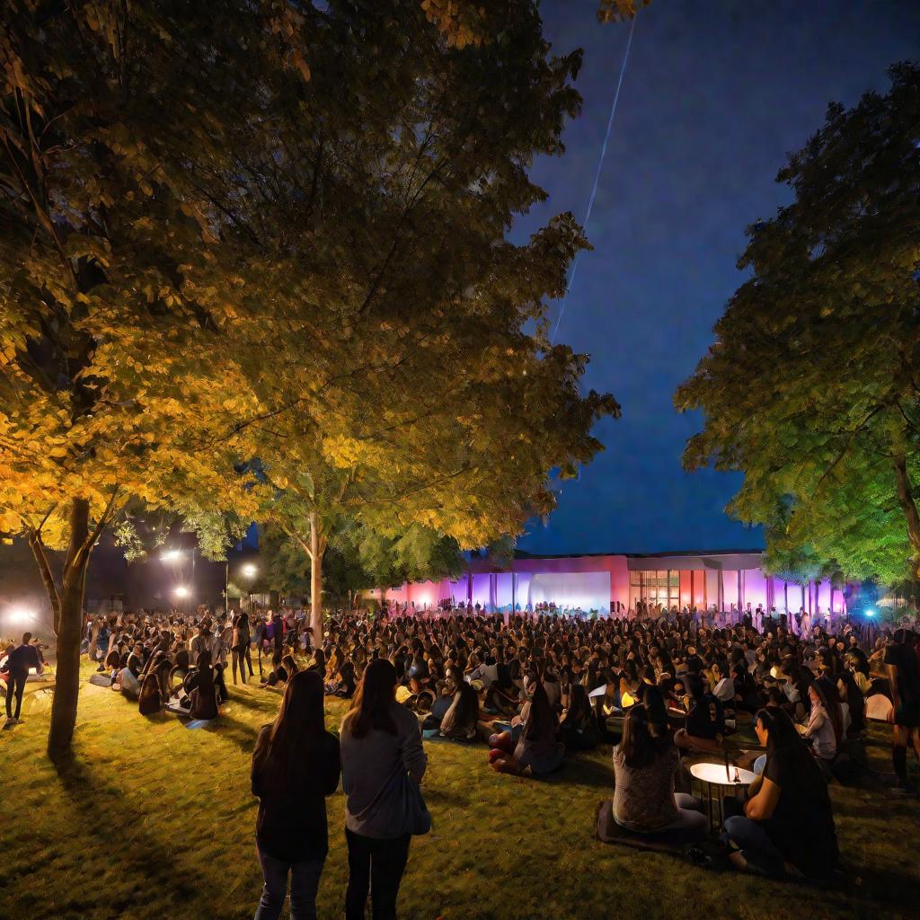 Общий план вечернего мероприятия на открытой площадке университета. Много студентов общаются небольшими группами, на импровизированной сцене разноцветная подсветка. На заднем плане видны деревья и учебные корпуса.