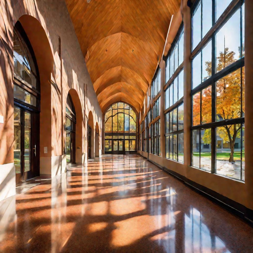 Красивый, яркий внутренний двор колледжа с обильным рассеянным естественным светом и насыщенными цветами в осеннее послеобеденное время. Уравновешенный широкий арочный коридор с отполированным кафельным полом отражает высокие стеклянные окна и комнатные д