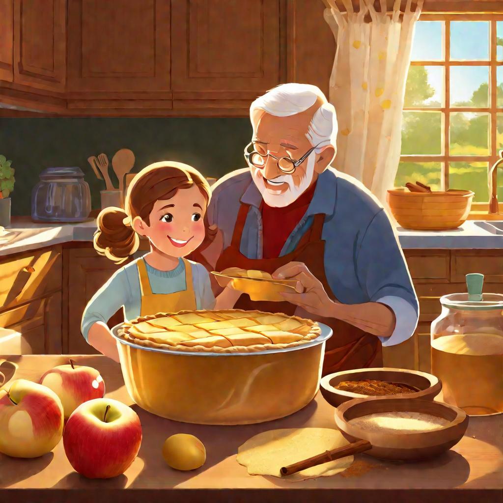 Дедушка и маленькая внучка вместе пекут яблочный пирог на уютной кухне. Солнечный свет проходит сквозь желтые занавески и падает на дубовую столешницу, на которой разложены ингредиенты для выпечки вокруг большой стеклянной миски с яблочными дольками и тес