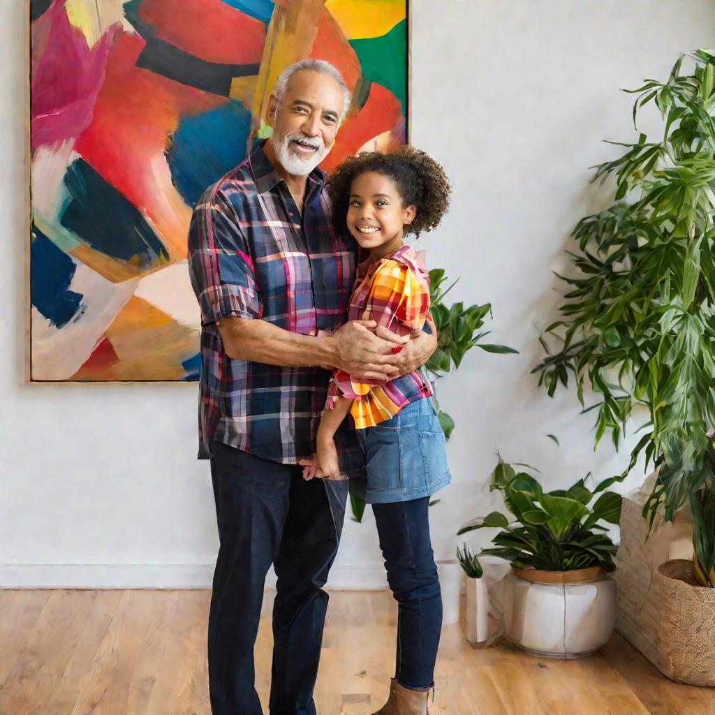 Взрослый мужчина в клетчатой рубашке нежно обнимает свою маленькую дочь, которая держит в руках большую красочную абстрактную картину, нарисованную ей в подарок отцу. Они стоят в светлой гостиной с деревянным полом, домашними растениями и семейными фотогр