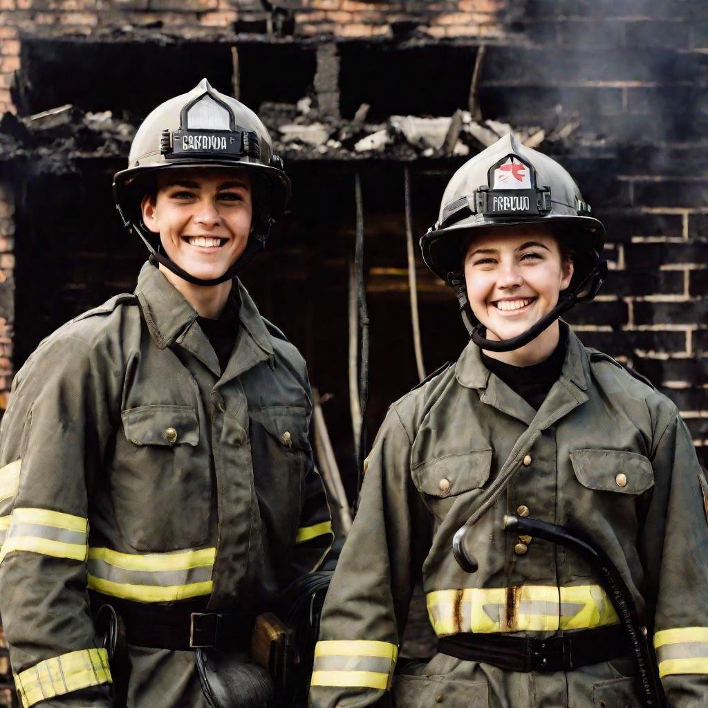 Двое курсантов в снаряжении пожарных на учениях.