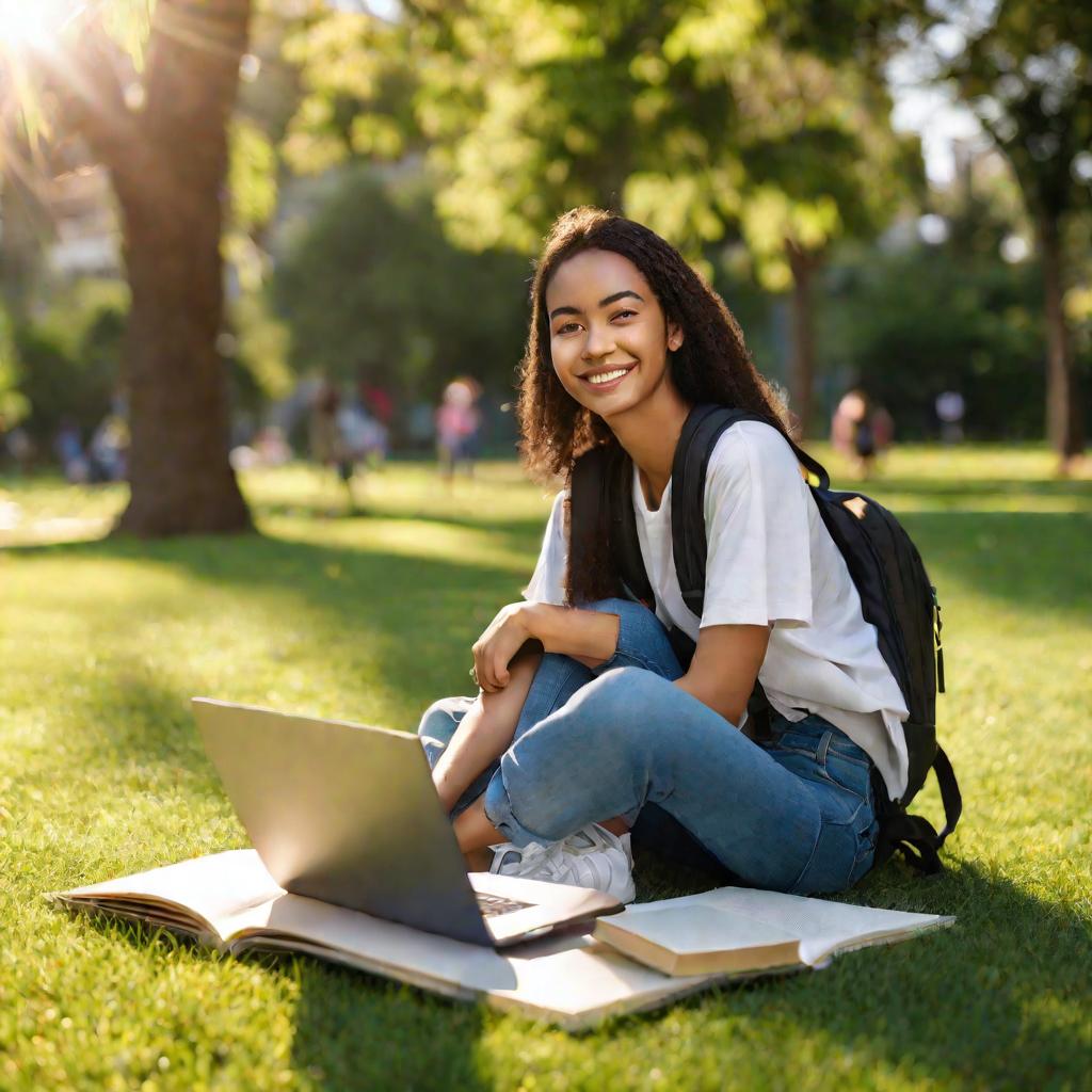 Студентка на траве с ноутбуком