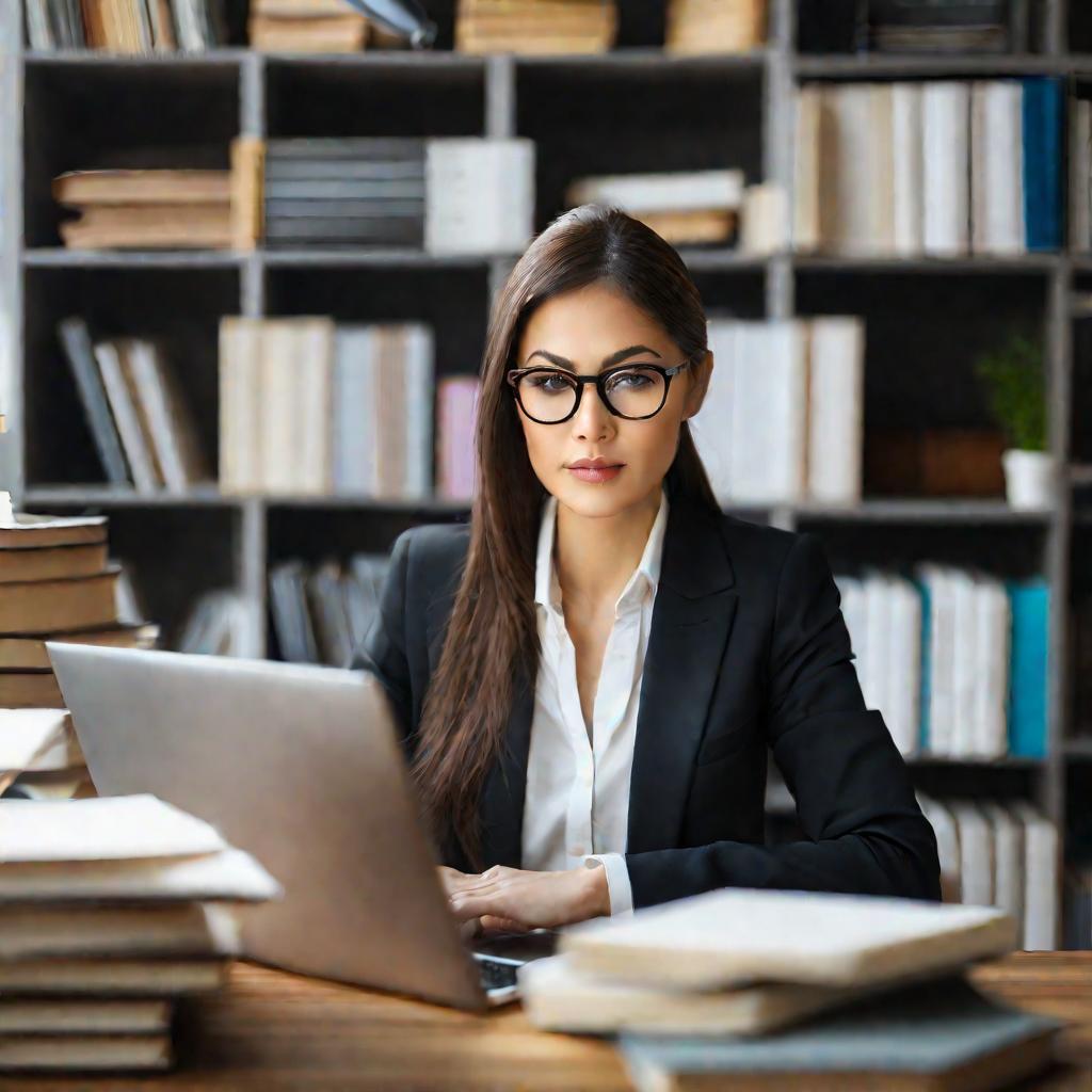 Женщина в очках и костюме работает за ноутбуком в офисе
