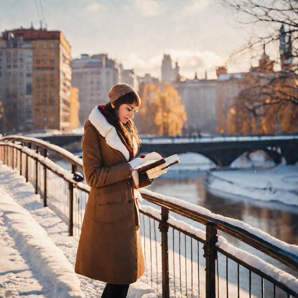 Женщина, решающая задачи на мосту зимним вечером