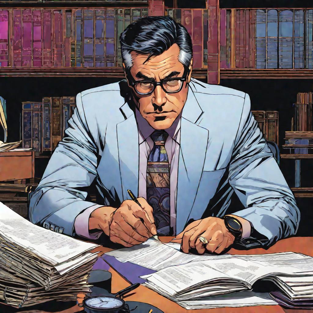 портрет мужчины средних лет в офисе за рабочим столом с бумагами