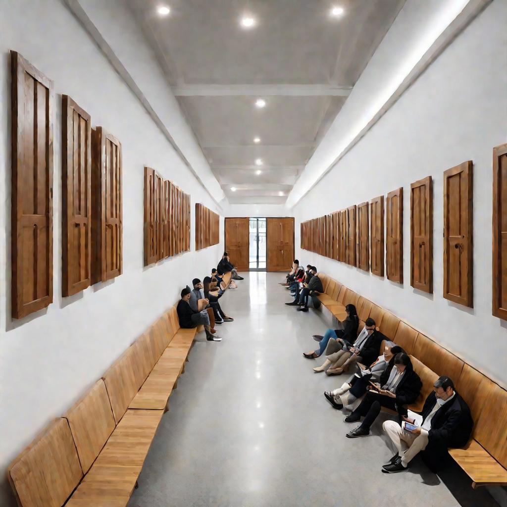 длинный коридор с множеством одинаковых дверей и зал ожидания в конце