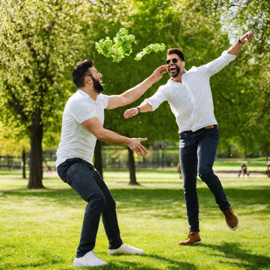 Средний план двух веселящихся мужчин, бросающих листья мяты друг в друга в парке в солнечный весенний день, на заднем плане деревья и зеленая трава.