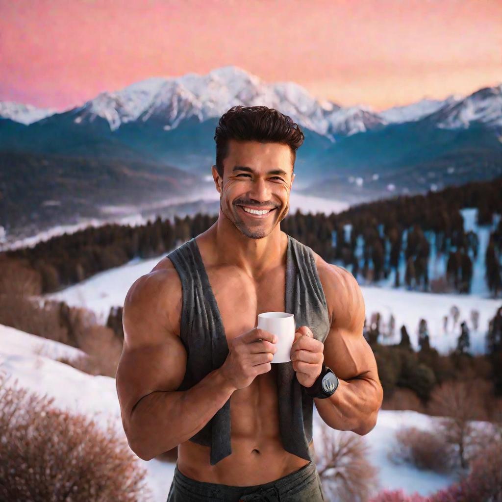 Вид сверху близкий кадр улыбающегося мускулистого мужчины без рубашки, стоящего со скрещенными руками, держащего кружку парящего мятного чая на фоне снежных горных вершин на восходе солнца. Мягкий розово-оранжевый свет восходящего солнца создает спокойное