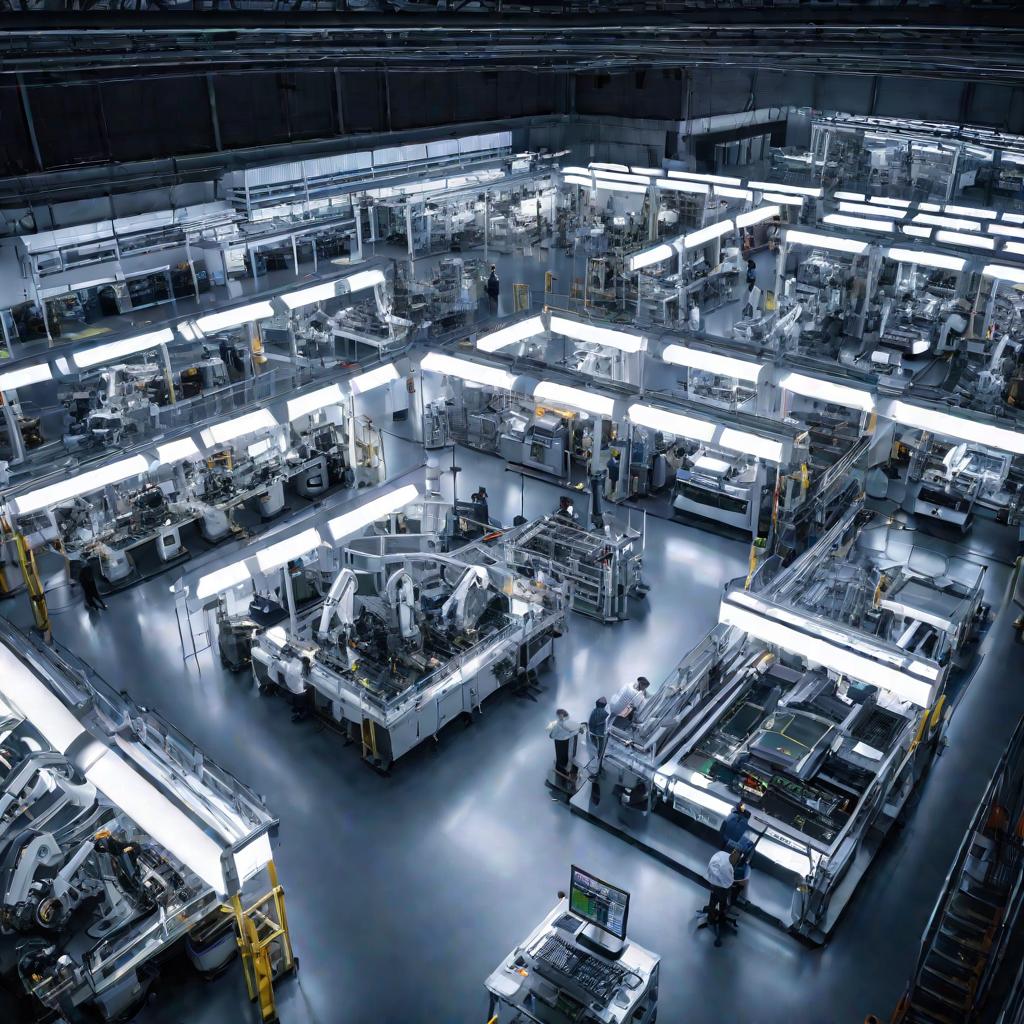 Вид сверху на огромное автоматизированное производство, где роботы собирают сложные электронные устройства, а рабочие контролируют измерения на экранах