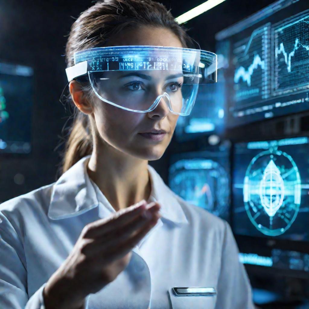 Ученый-женщина смотрит сквозь очки дополненной реальности, демонстрирующие данные измерений, и манипулирует голограммой атома на фоне высокотехнологичной лаборатории