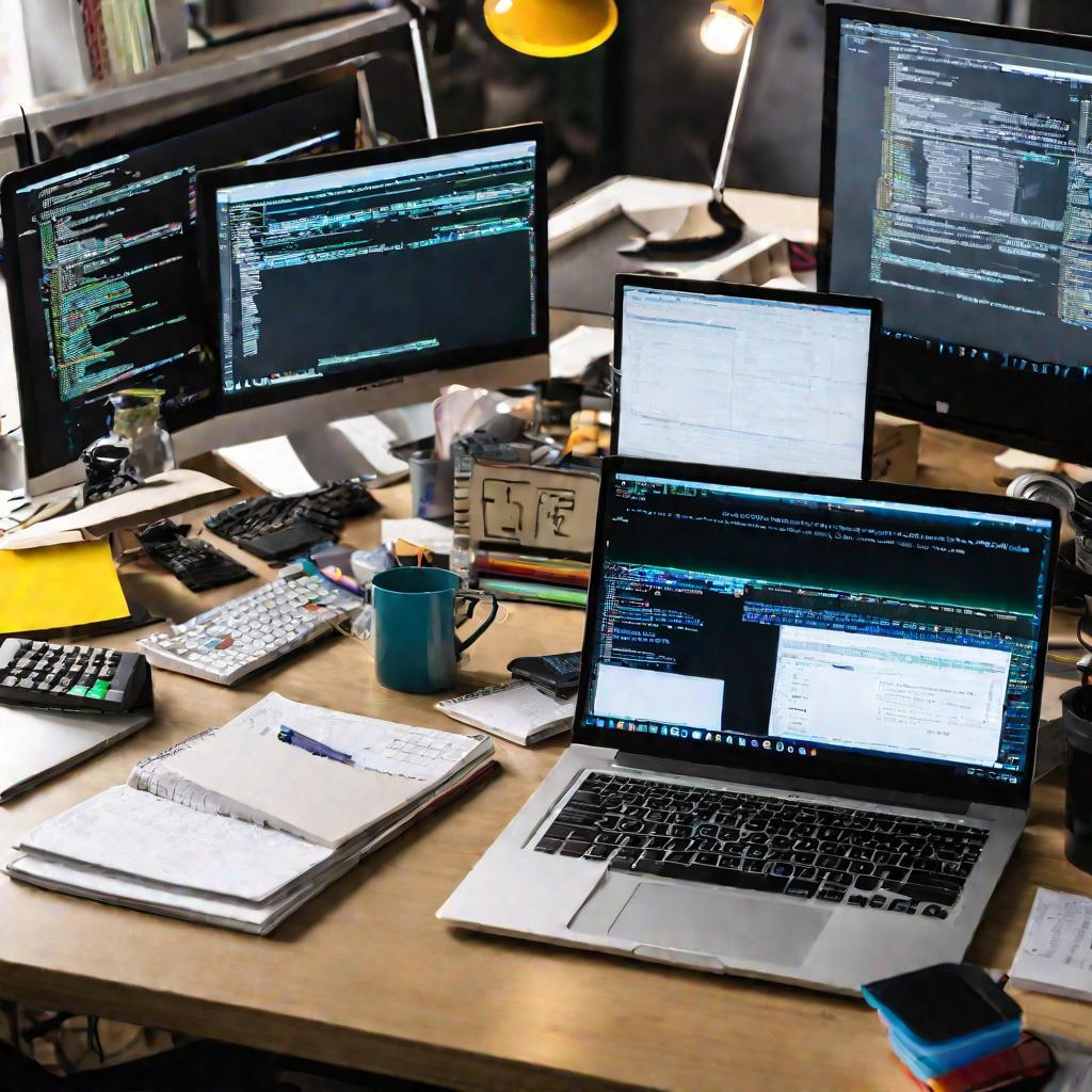 Фото рабочего места IT-разработчика с ноутбуком, мониторами, заметками и формулами на стене