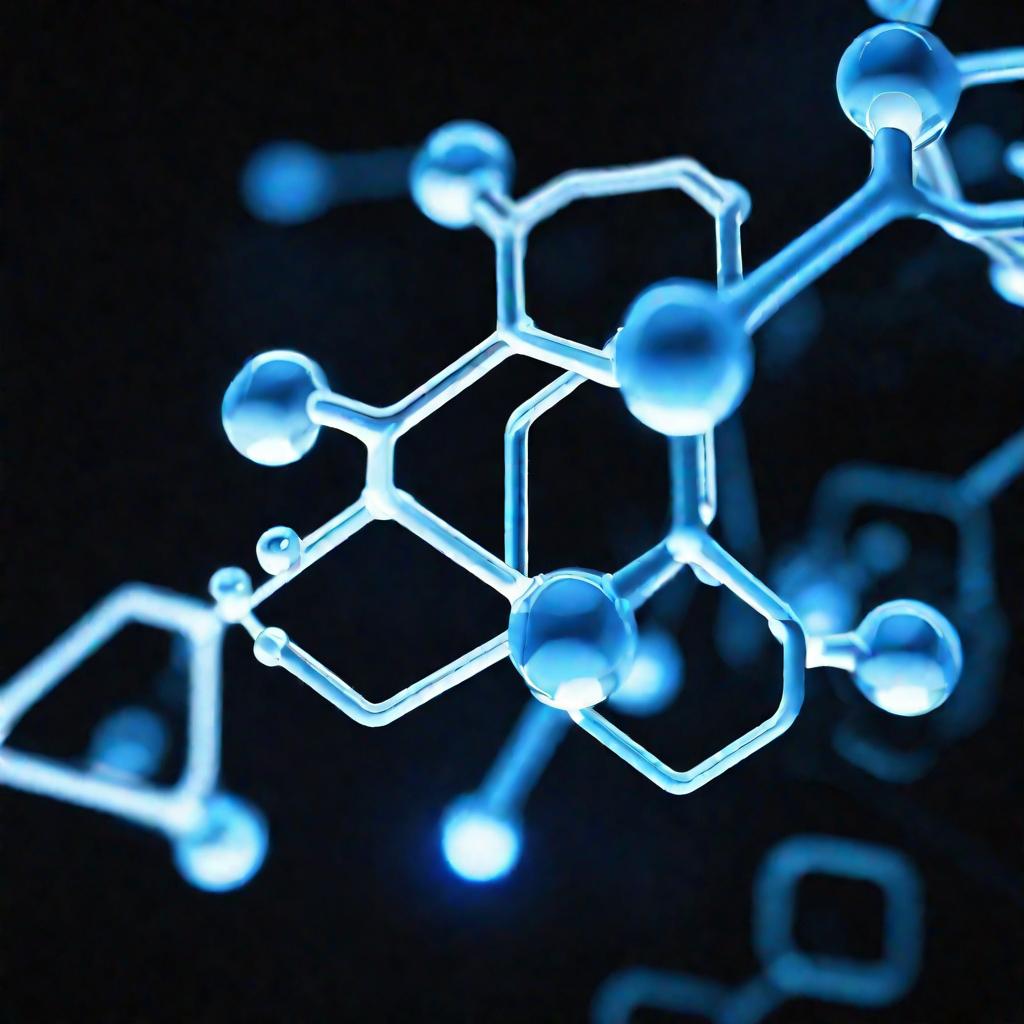 Крупный план структурной формулы фенилуксусной кислоты, светящейся мягким голубым светом на черном фоне