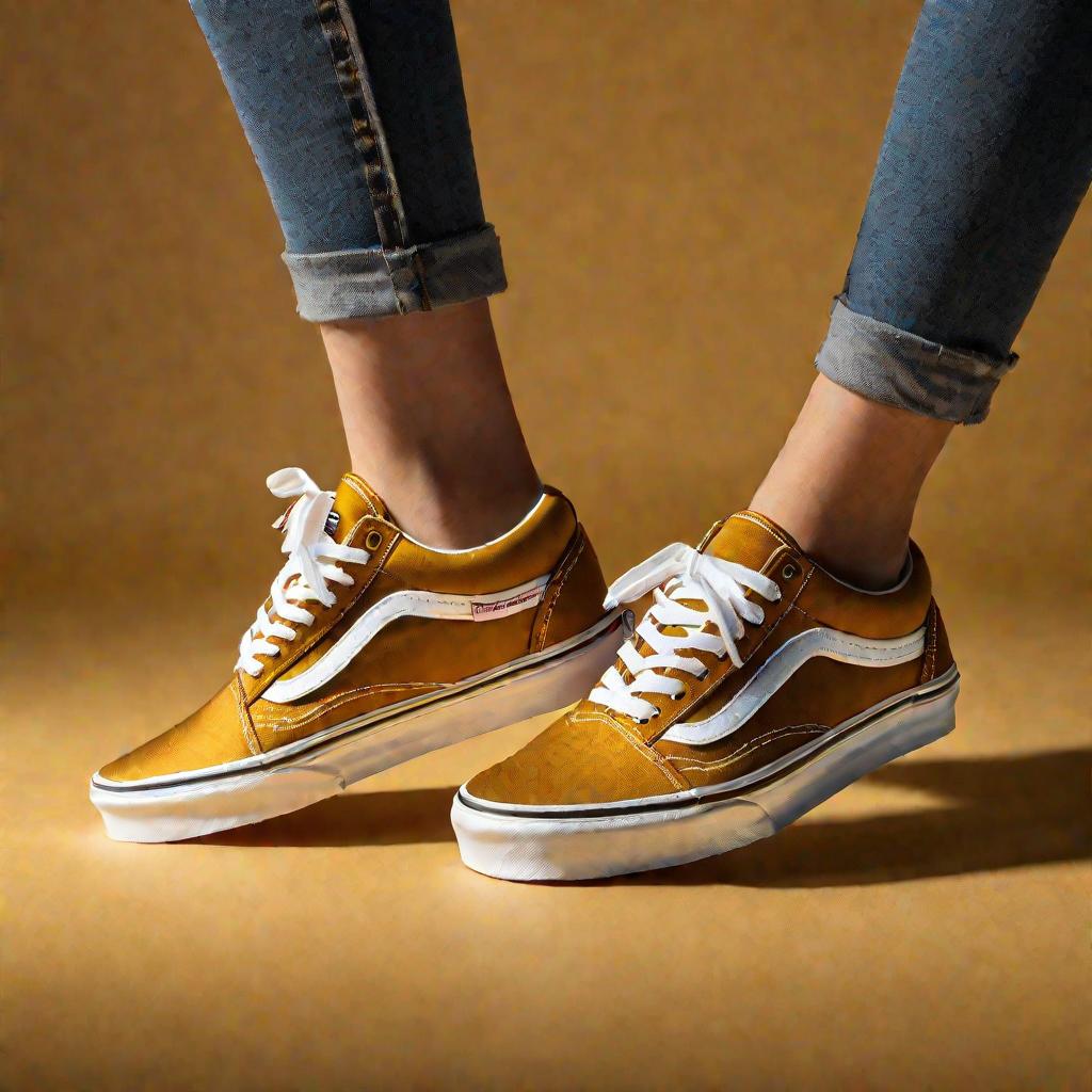 Портрет культовых кед Vans Old Skool на ногах модели, катающейся на скейтборде