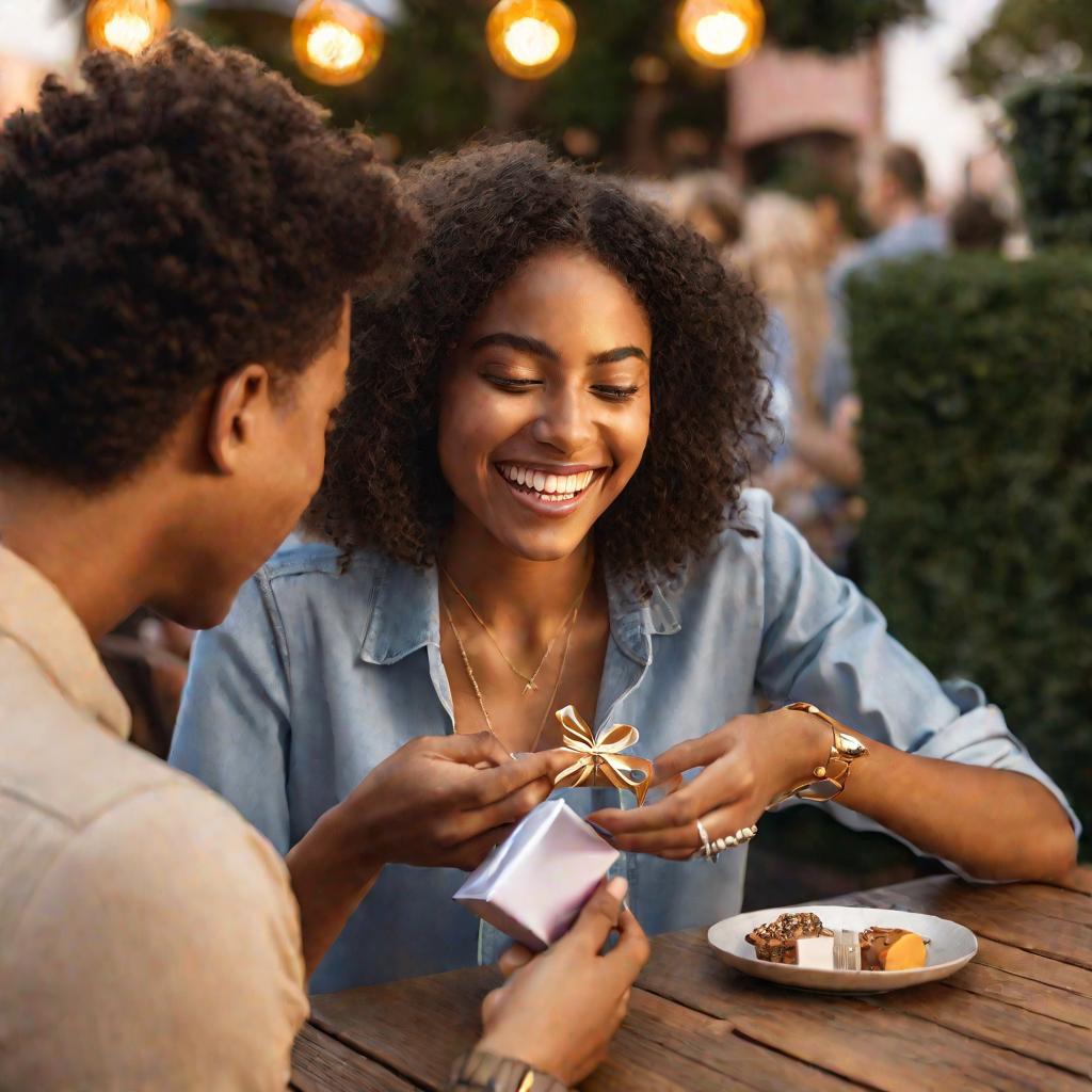 Молодой человек дарит девушке серебряный браслет в упаковочной коробочке на свидании в кафе на свежем воздухе в золотистые часы заката солнца.