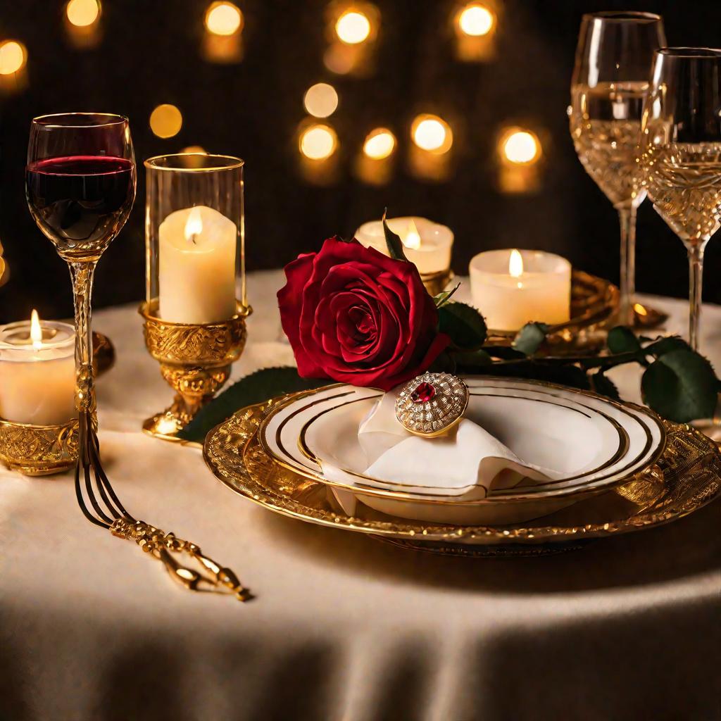 Мягкий свет свечей освещает уютный ужин для двоих на столе с бокалами красного вина, розами в вазе и открытой коробочкой с золотым кулоном - подарком от кавалера даме на свидании.
